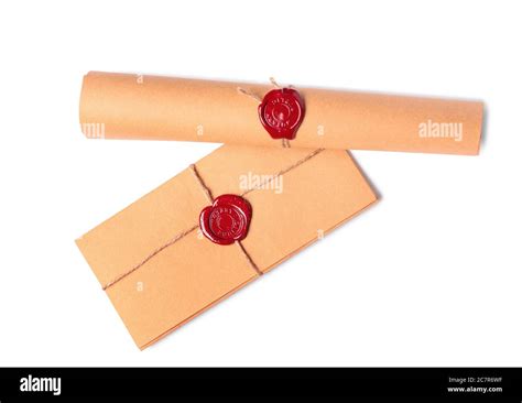 Envelope And Scroll With Wax Seal Stamps Of Notary Public On White