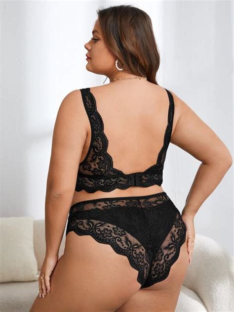 Plus Size Women S Black Lingerie Set With Scallop Edge Bra And Panties Shein Usa