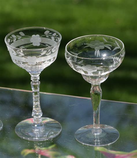 Vintage Etched Wine ~ Liquor Glasses Set Of 4 Mis Matched 3 Oz Liquor Cocktail Glasses