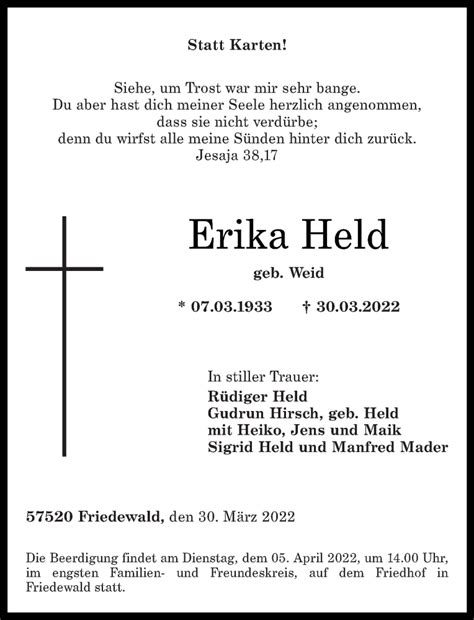 Traueranzeigen Von Erika Held Rz Trauer De