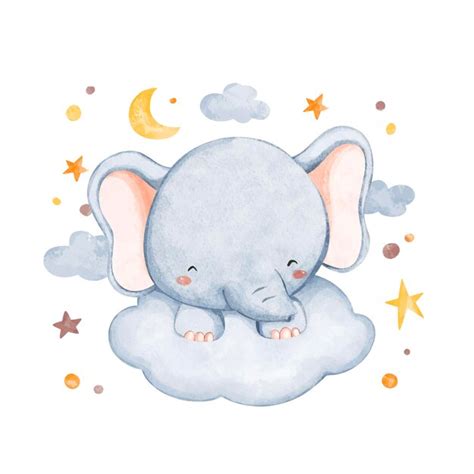 Ilustración acuarela elefante y nube con estrellas y luna Vector Premium