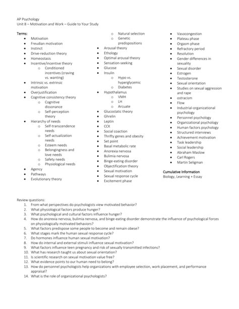 Ap Psychology Unit 8 Motivation And Work Guide To Your Study