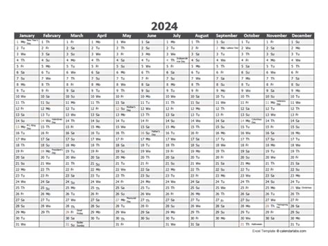 Editable 2024 Yearly Excel Scheduling Calendar - Free Printable Templates