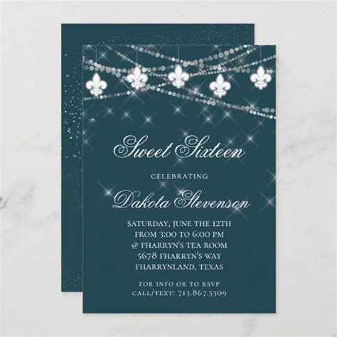 Moody Teal Fleur De Lis String Lights Sweet 16 Invitation Zazzle