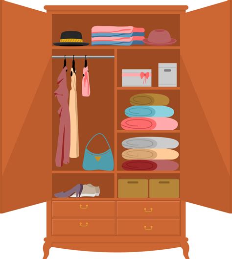 Open wardrobe. Wooden wardrobe on white background with drawer design clothes, inside closet ...