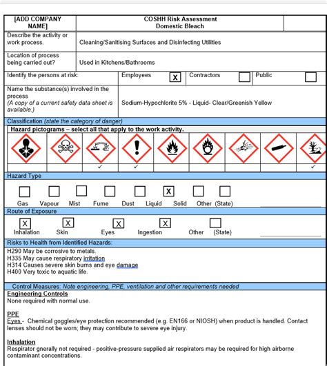 Bleach Coshh Assessment Example Cpd Training