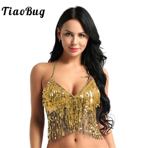 TiaoBug Women Fashion Halter Bra Top With Sequins Tassel Latin Belly