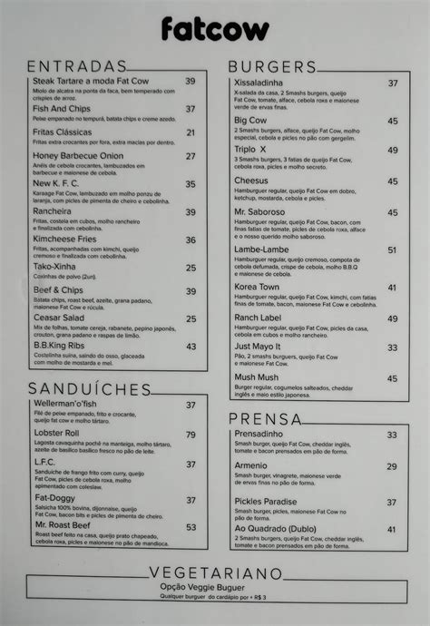 Menu at Fat Cow restaurant, São Paulo