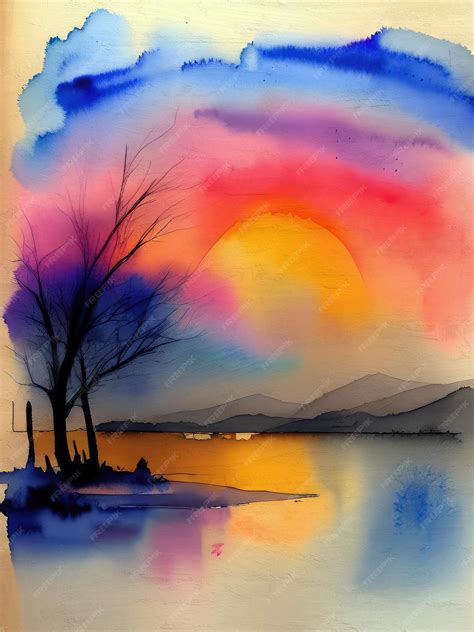 Premium Photo | Watercolor sunset painting landscape illustration