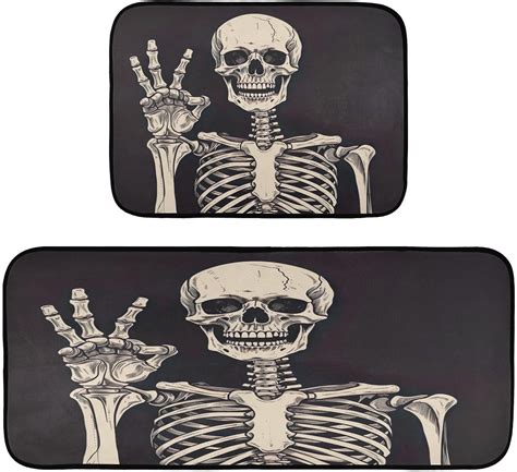 GZHJMY Funny Skeleton Kitchen Rug Set Of 2 Non Slip Washable Cushioned