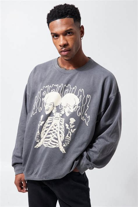 Mens Oversized Washed Skeleton Print Sweatshirt Boohoo Uk