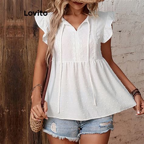 Lovito Blusa Casual Lisa Babados Renda Para Mulheres Lnl