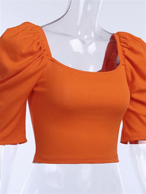 Orange Puff Sleeve Crop Top Choies