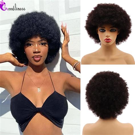 Curto Afro Crespo Encaracolado Peruca De Cabelo Humano Para As Mulheres