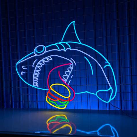 Handmadetneonsign Shark Eating Burger Neon Sign Burger Shark Neon