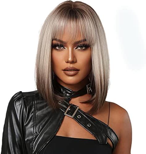 Oneustar Short Bob Wig With Bangs Synthetic Ombre Blonde To Brown Hair Wig Dark