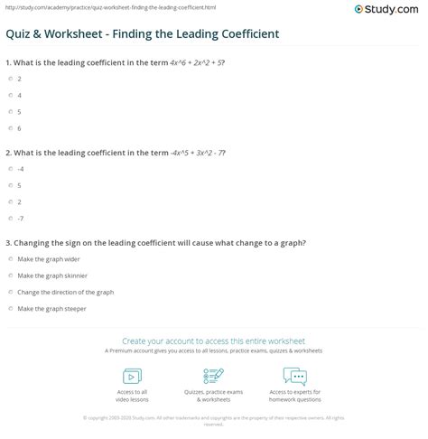 Quiz And Worksheet Finding The Leading Coefficient