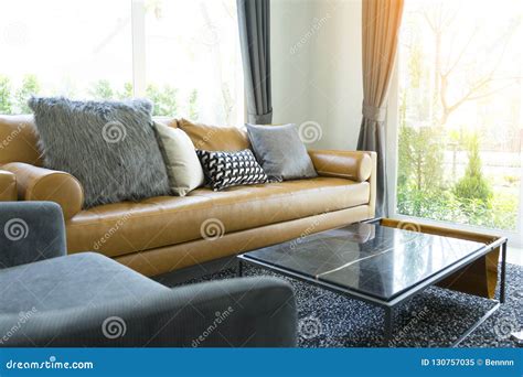 Cushion On Brown Leather Sofa In Living Room Stock Image Image Of
