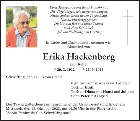 Traueranzeigen Von Erika Hackenberg Augsburger Allgemeine Zeitung