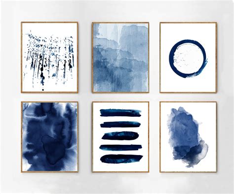 Abstract Watercolor Prints Set of 6 Blue Wall Art Minimalist - Etsy