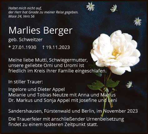 Traueranzeigen Von Marlies Berger Trauer Hna De