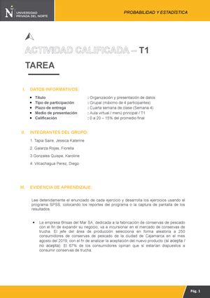 examen de probabilidad y estadística ACTIVIDAD CALIFICADA T TAREA I