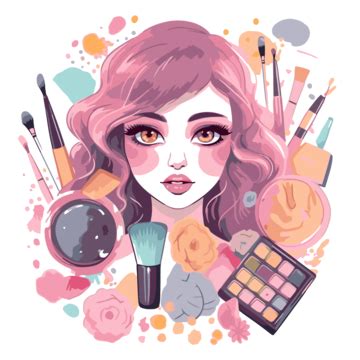 Cute Makeup Vector, Sticker Clipart An Illustration Of A Girl With Pink Hair Surrounded By ...