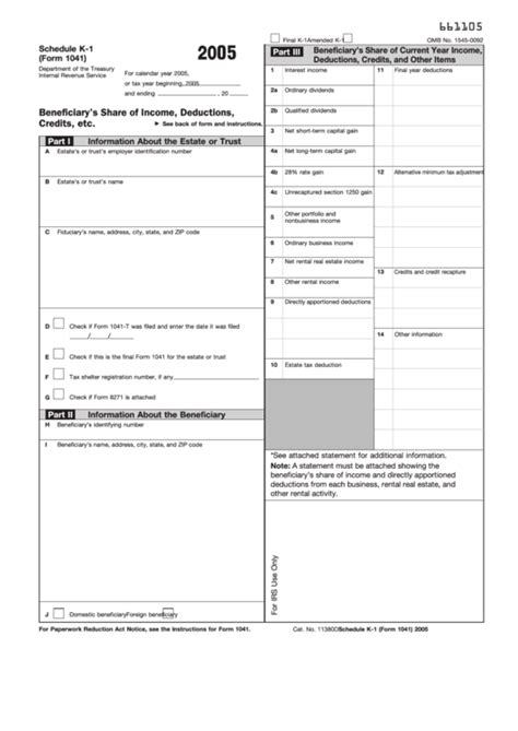 Form 1041 Schedule K-1 - 2005 printable pdf download