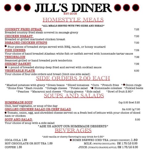 Menu At Jills Diner Restaurant Columbus