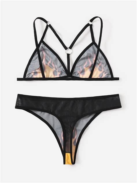 Anime Fire Pattern Ring Linked Lingerie Set Shein Usa