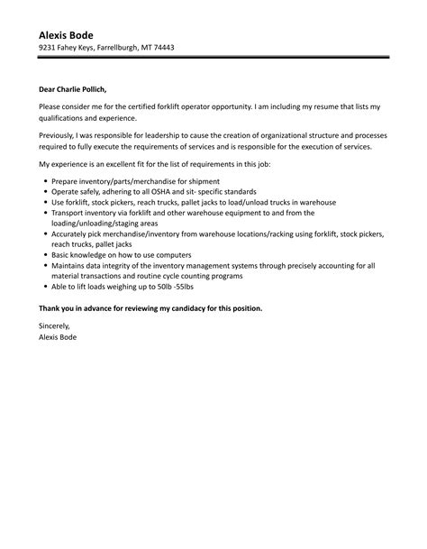 Certified Forklift Operator Cover Letter Velvet Jobs