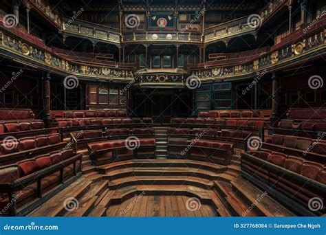 Historic Theater Interior With Ornate Balcony And Wooden Seating In