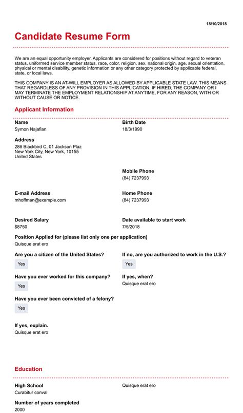 Applicant Resume Sample Format