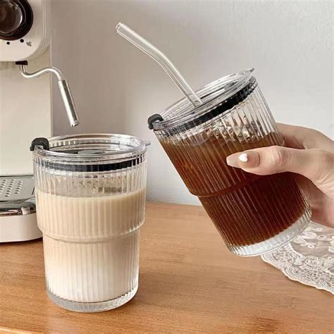 Classical Ribbed Glass Tumbler Cup With Straw And Lid Vertical Stripes