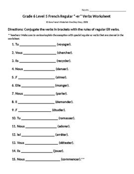 French Regular Er Verbs Student Worksheet By Core French One Stop Shop