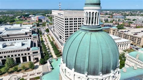 Aerial View Of Indiana Statehouse With Pedestal Shot In Sunny