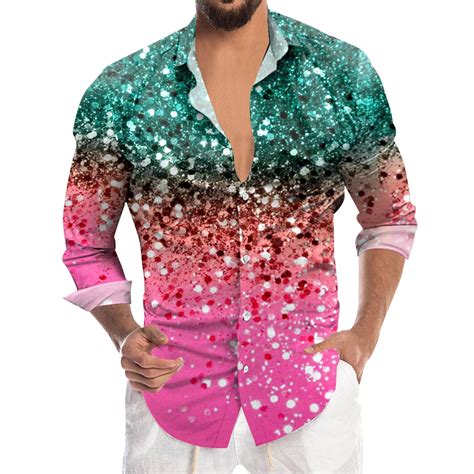 Yihwei Mens Mardi Sequin Fashion Digital 3d Printed Long Sleeve Button