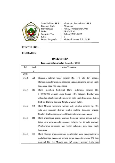 Contoh Soal Soal Mata Kuliah Sks Akuntansi Perbankan Sks