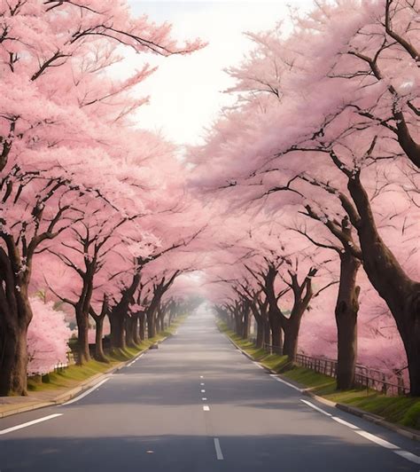 Premium AI Image | A road and cherry blossom