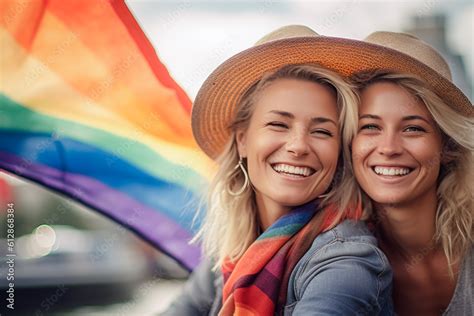 Beautiful Generative Ai Lesbian Couple In A Boat In Amsterdam Celebrating Lgbtq Pride With