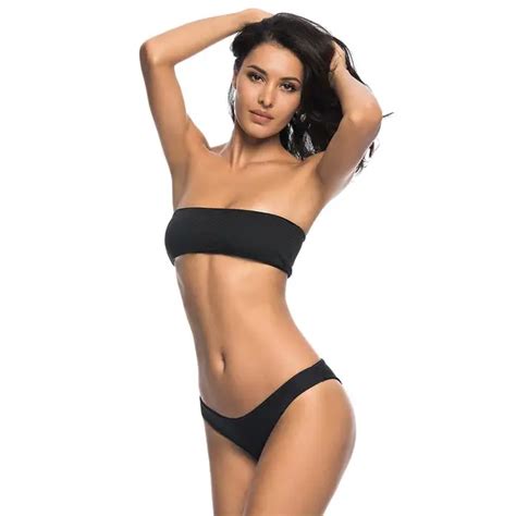 Bandeau High Cut V Shape Thong Bottom Bikini Two Pieces Swimsuit Female