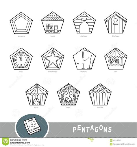 Black and white set of pentagon shape objects. Visual dictionary ...