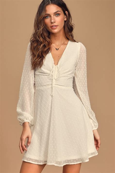 Cute White Dress Skater Dress Long Sleeve Dress Dress Lulus