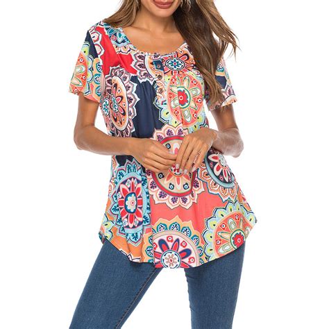 Womens Paisley Printed Short Sleeve Henley V Neck Pleated Casual Flare