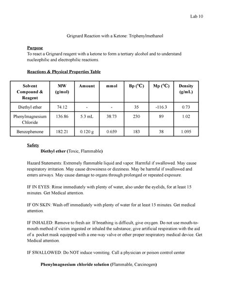 Lab 10 Report Grignard Reaction With A Ketone Triphenylmethanol