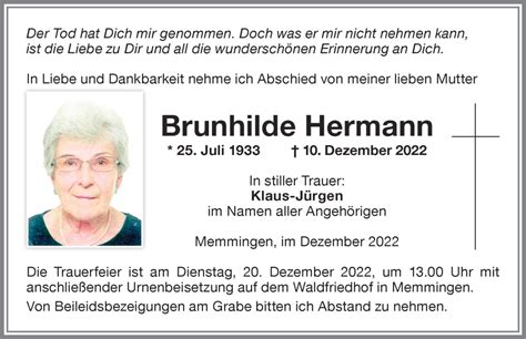 Traueranzeigen Von Brunhilde Hermann Augsburger Allgemeine Zeitung