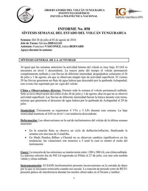 Informe No S Ntesis Semanal Del Estado Del Volc N Tungurahua