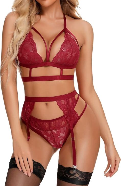 RSLOVE Sexy Lingerie For Women Floral Lace Bra And Panty Set 3 Pieces