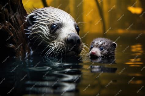 Premium AI Image | Sea otter mother teaching baby otter to swim