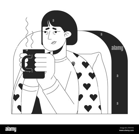 Sick Tired Asian Woman Drinking Hot Beverage Black And White 2d Line Cartoon Character Stock